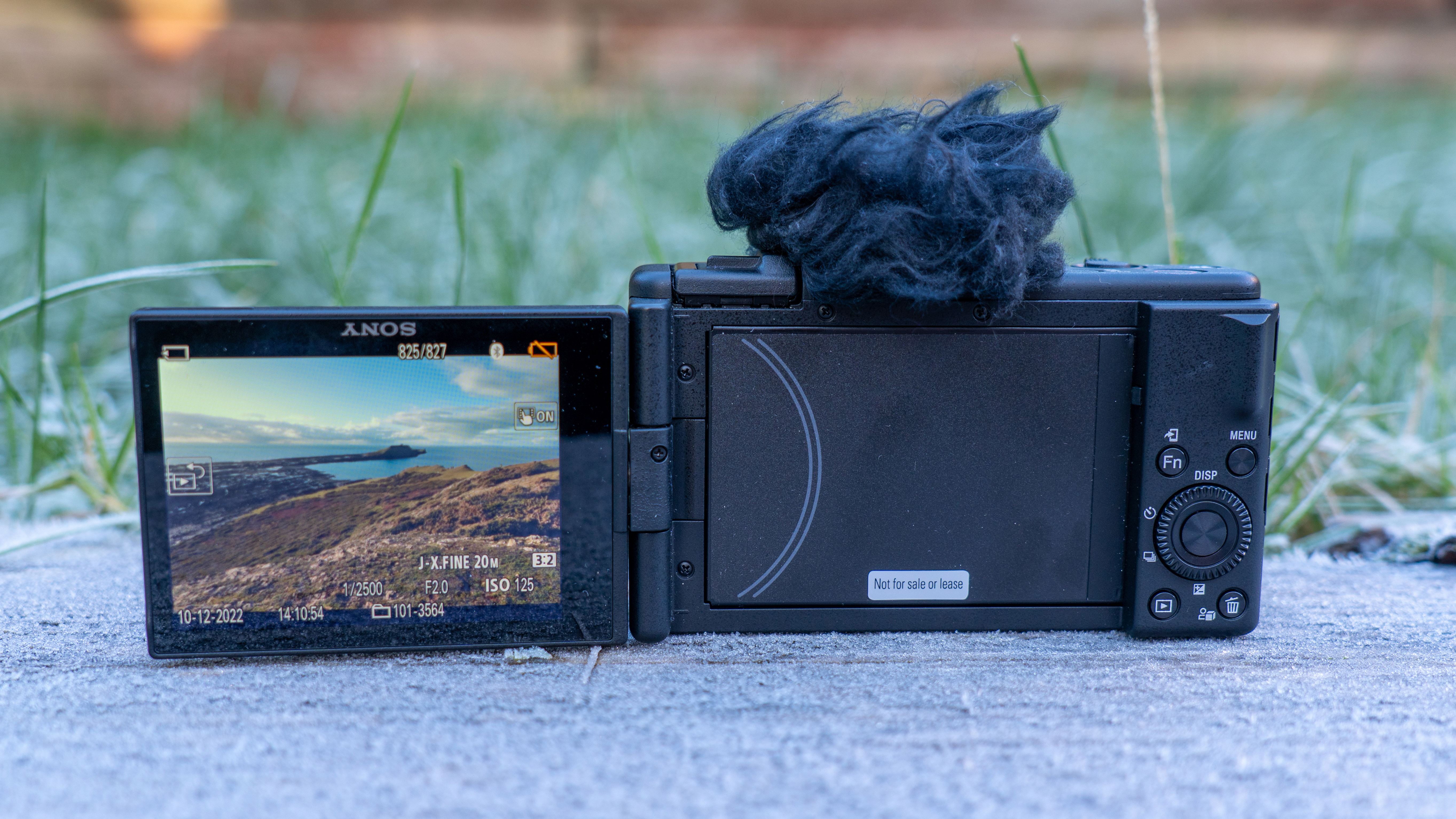 Sony ZV1- F компактная камера, сидящая на земле