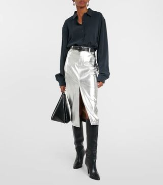 Oaklyn Metallic Faux Leather Midi Skirt