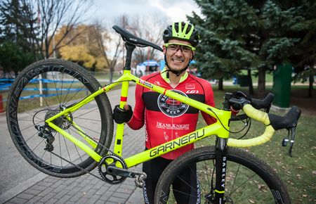 Raphael Gagne celebrates after winning the 2015 elite Canadian Cyclocross Championship