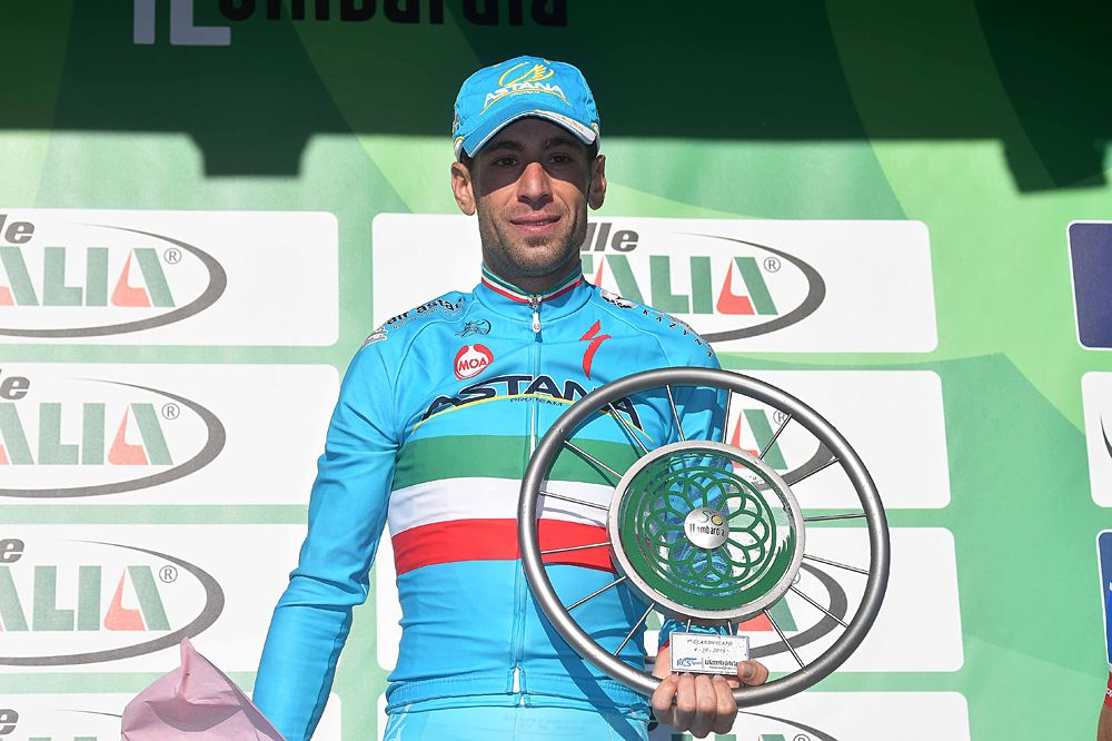 Vincenzo Nibali (Astana) awarded with the Tour of Lombardy trophy