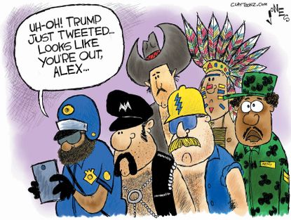 Political cartoon U.S. Trump military transgender soldiers tweet
