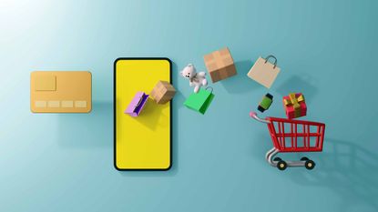 tiny red shopping cart with green, pink and purple bags flying out of it next to smartphone and credit card