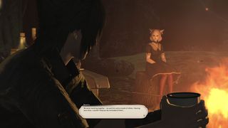 Final Fantasy XIV, my warrior of light sitting at a campfire with Noctis while he talks about his past. We're in love