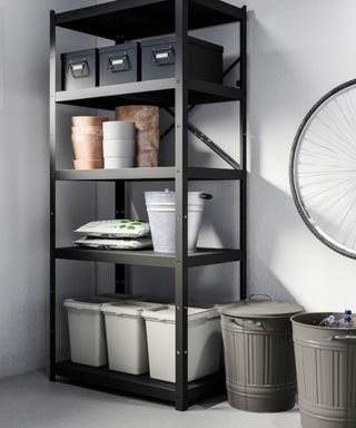 ikea shelving unit and storage bins with teracotta pots