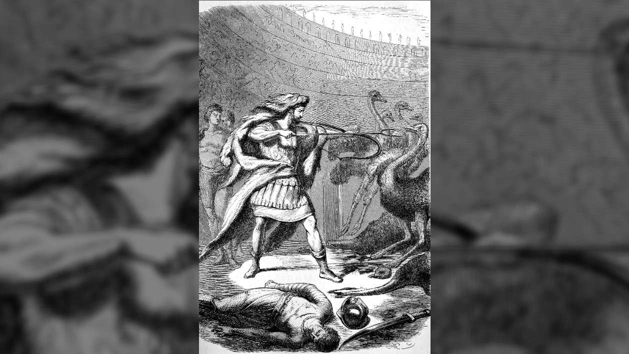 An illustration of Commodus killing ostriches with a bow and arrow in the arena.