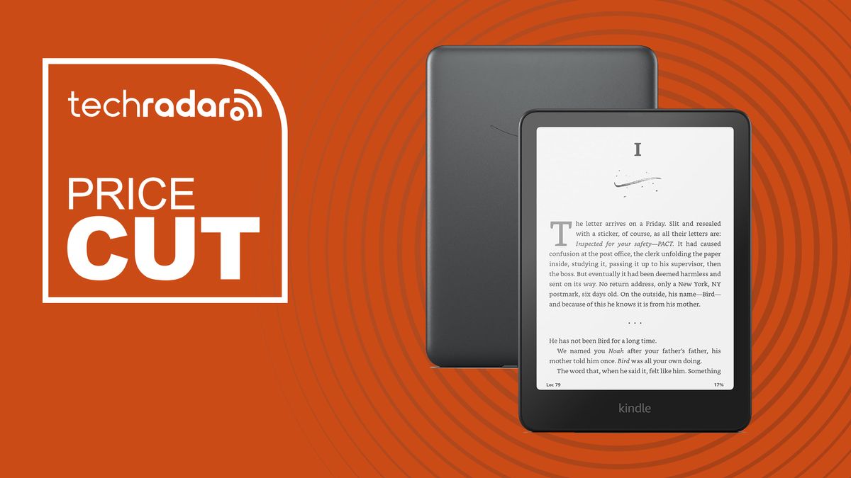 Amazon Kindle Paperwhite Signature Edition 2024 model showing front and back in grey with book text on the screen on top of an orange TechRadar banner that says Price Cut