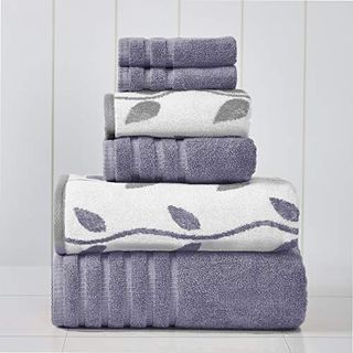 6-Piece Yarn Dyed Organic Vines Jacquard towel set in gray, or white with gray leaf motif