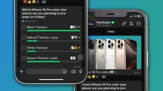 Two iPhones on a green and blue background showing WhatsApp poll results