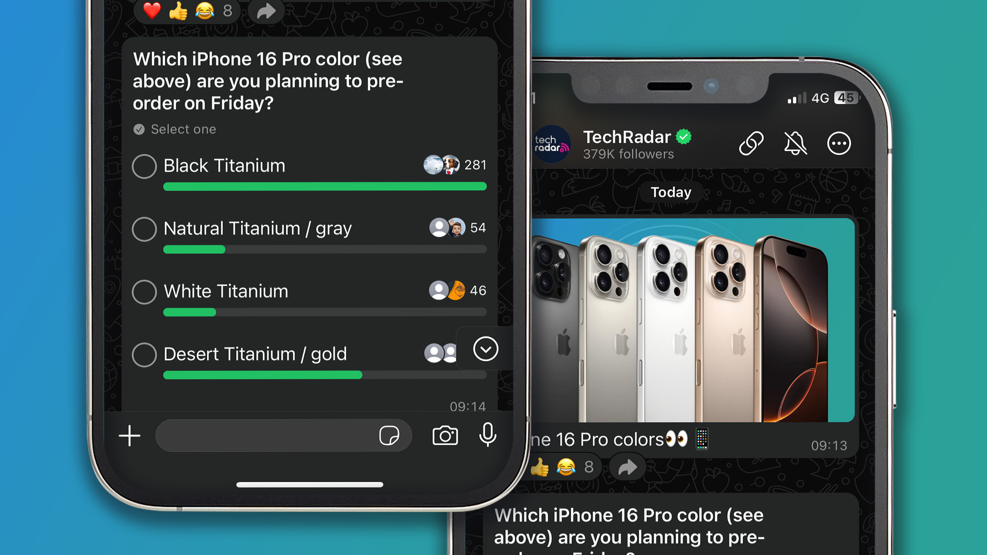 Technology Two iPhones on a green and blue background showing WhatsApp poll results