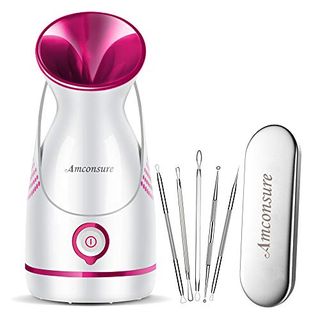 Amconsure Facial Steamer - Nano Ionic Face Steamer Warm Mist Steamer for Face Home Sauna Spa, Face Humidifier Steamer for Facial Deep Cleaning Unclogs Pores Sinuses - 5 Piece Stainless Steel Skin Kit