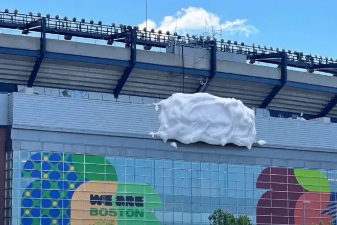 Gillette logo covered up by fake foam at a Boston stadium