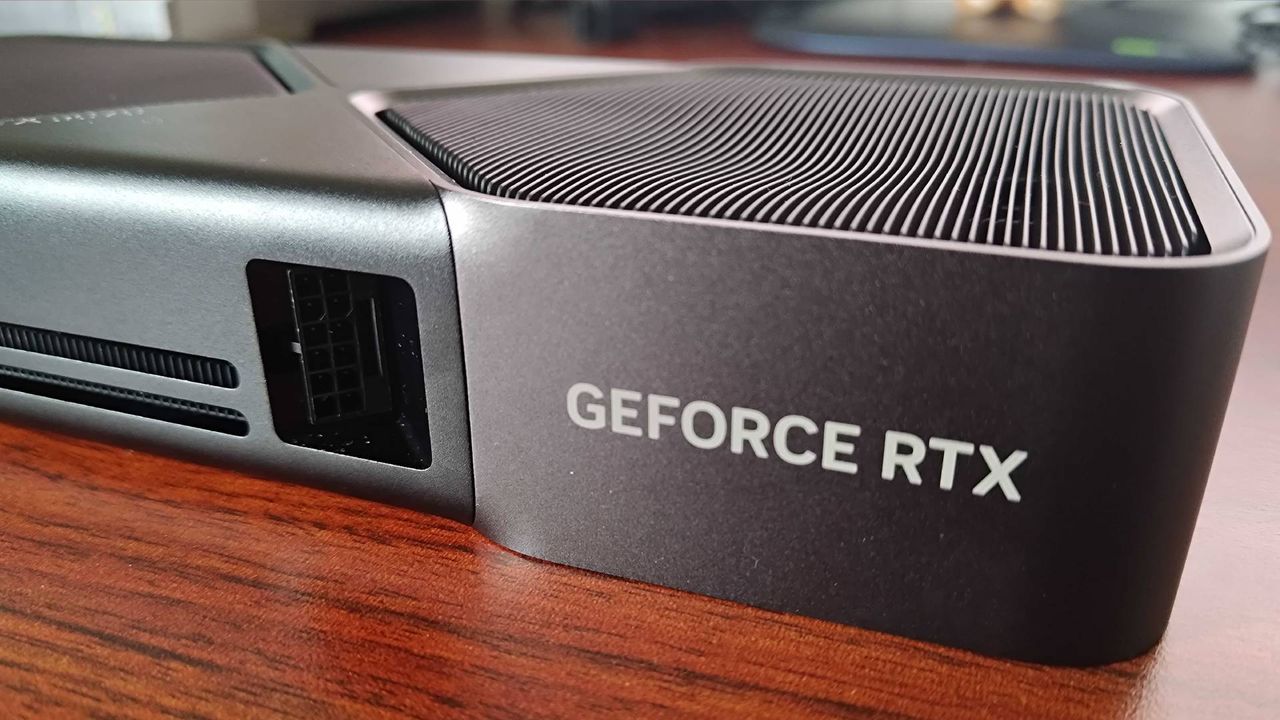 Close up of RTX 5070 Founders Edition GeForce logo