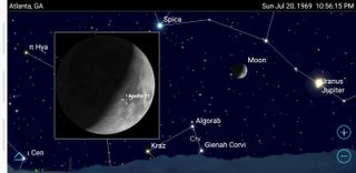 To see how the moon looked from any location on Earth at the moment when humans were taking their first steps on the moon, set the app to July 20, 1969 at 10:56:15 pm EDT (July 21, 1969 at 02:56:15 Greenwich Mean Time) and choose a location. For observers in the eastern USA and Canada, the moon was setting. But for those located in the southern and western parts of the country, the moon was higher in the sky. Inset: The app allows you to magnify objects and to add labels for features on the moon, including space missions.