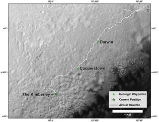 This map shows the route driven by NASA's Curiosity Mars rover from the "Bradbury Landing" location where it landed in August 2012 (the start of the line in upper right) to a major waypoint called "the Kimberley."
