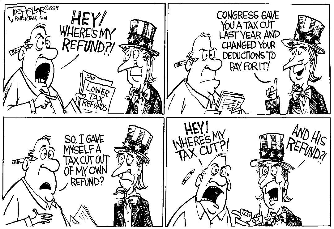 Political Cartoon U.S. Uncle Sam tax cut refund