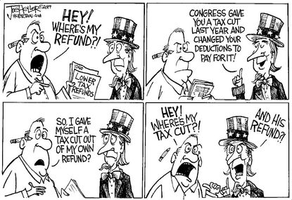 Political Cartoon U.S. Uncle Sam tax cut refund