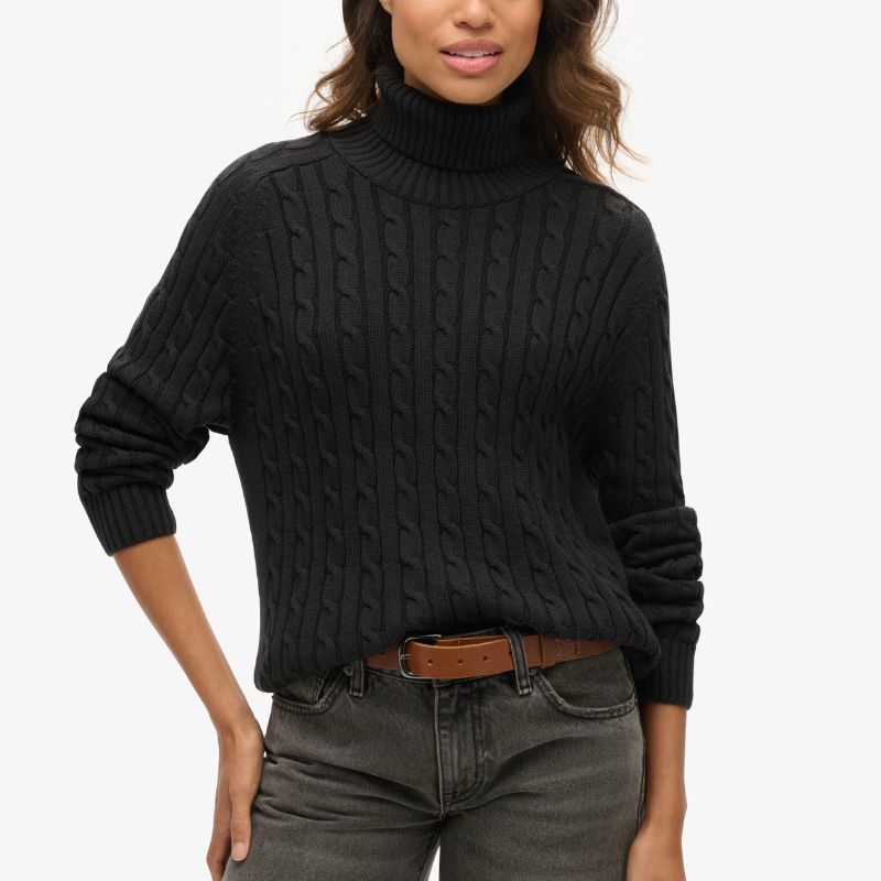 Pure Cotton Cable Knit Roll Neck Jumper on model