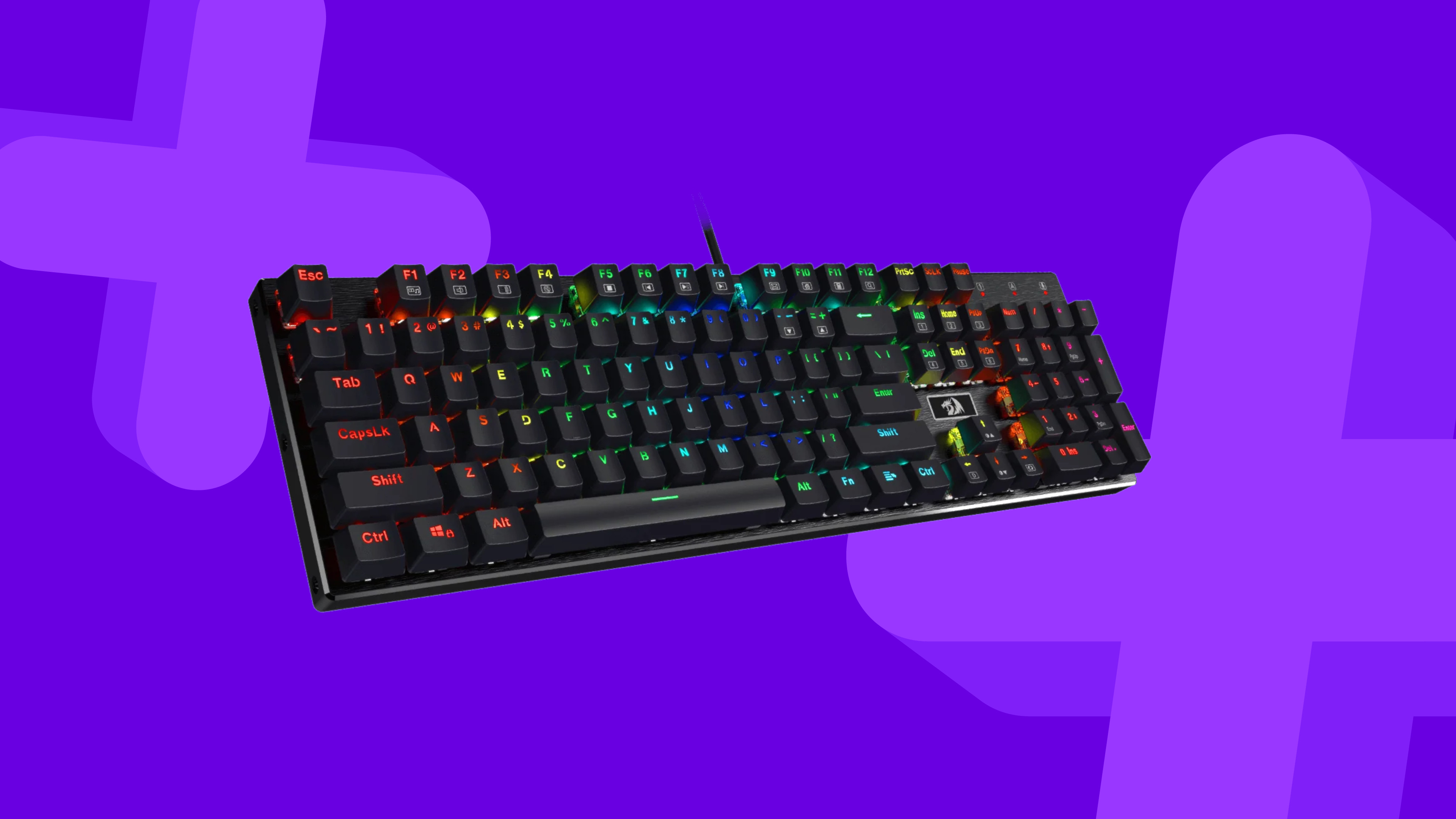Redragon K556 gaming keyboard on a purple background