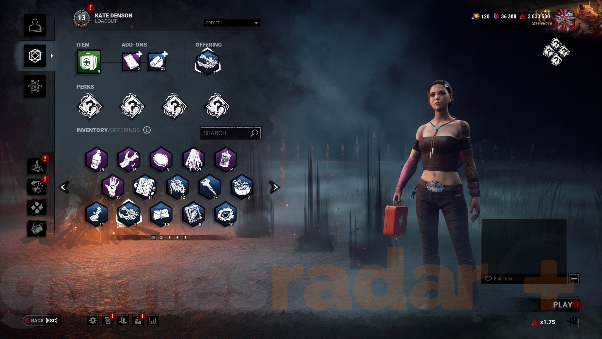 Kate Denson stands next to her DBD Chaos Shuffle perk loadout, which features four random perks.