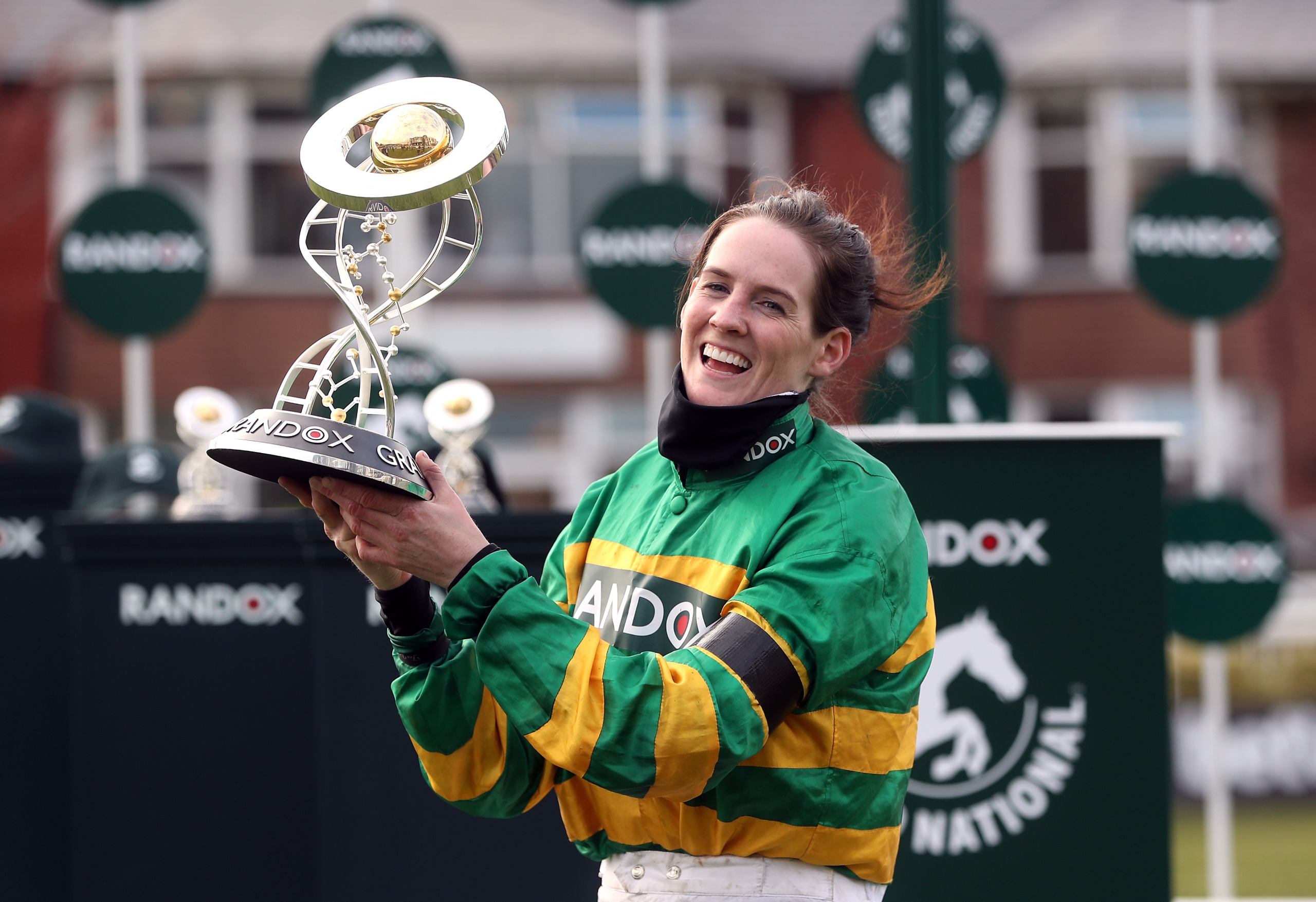 Rachael Blackmore lifts the Grand National trophy