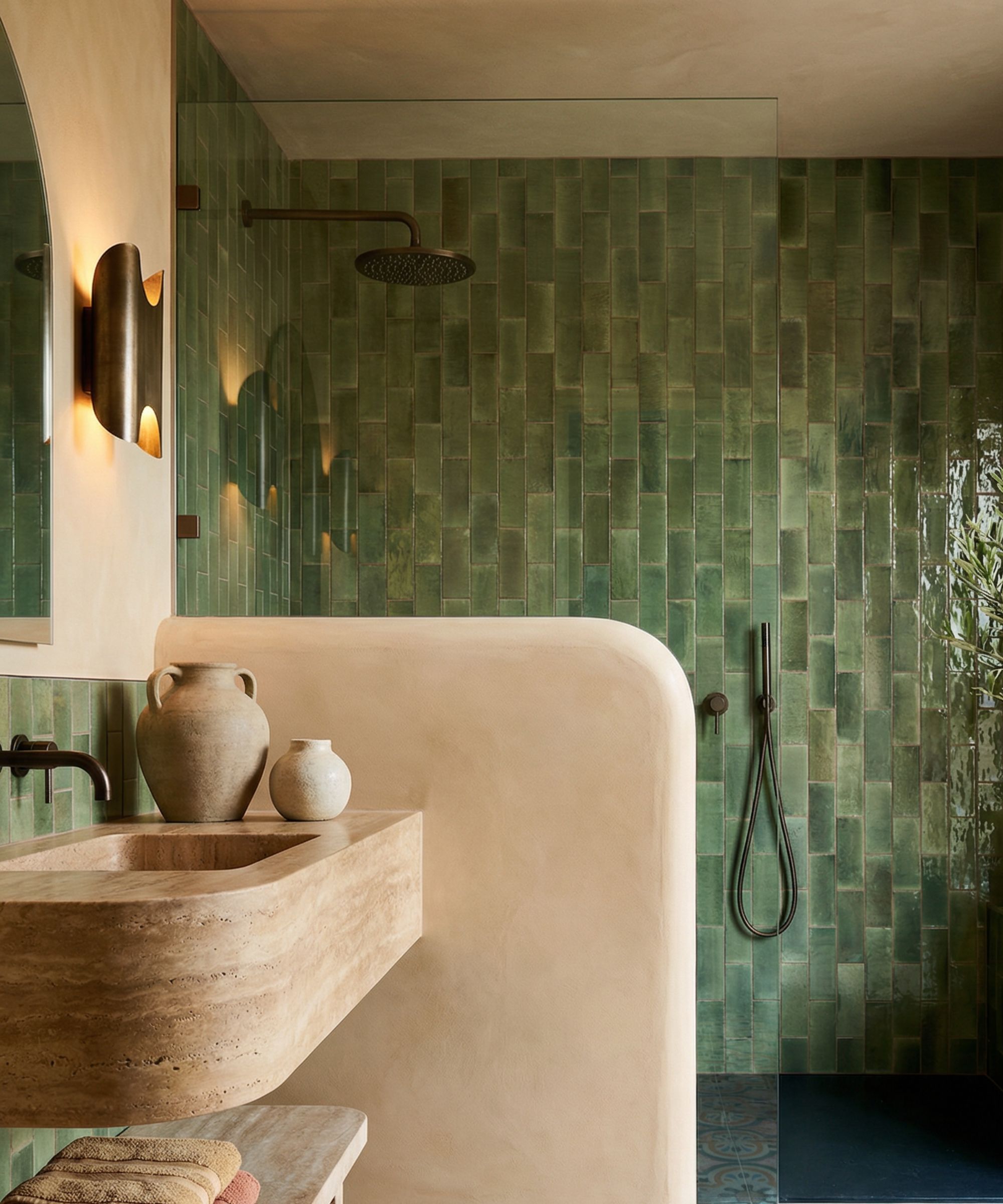 A large bathroom with green wall tiles for the shower and a warm neutral plaster paint finish elsewhere
