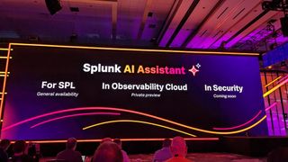 The Splunk AI Assistant's three forms on screen live at Splunk .conf24. The three categories are: "Splunk AI Assistant for SPL", "Splunk AI Assistant for Observability Cloud", and "Splunk AI Assistant in Security".