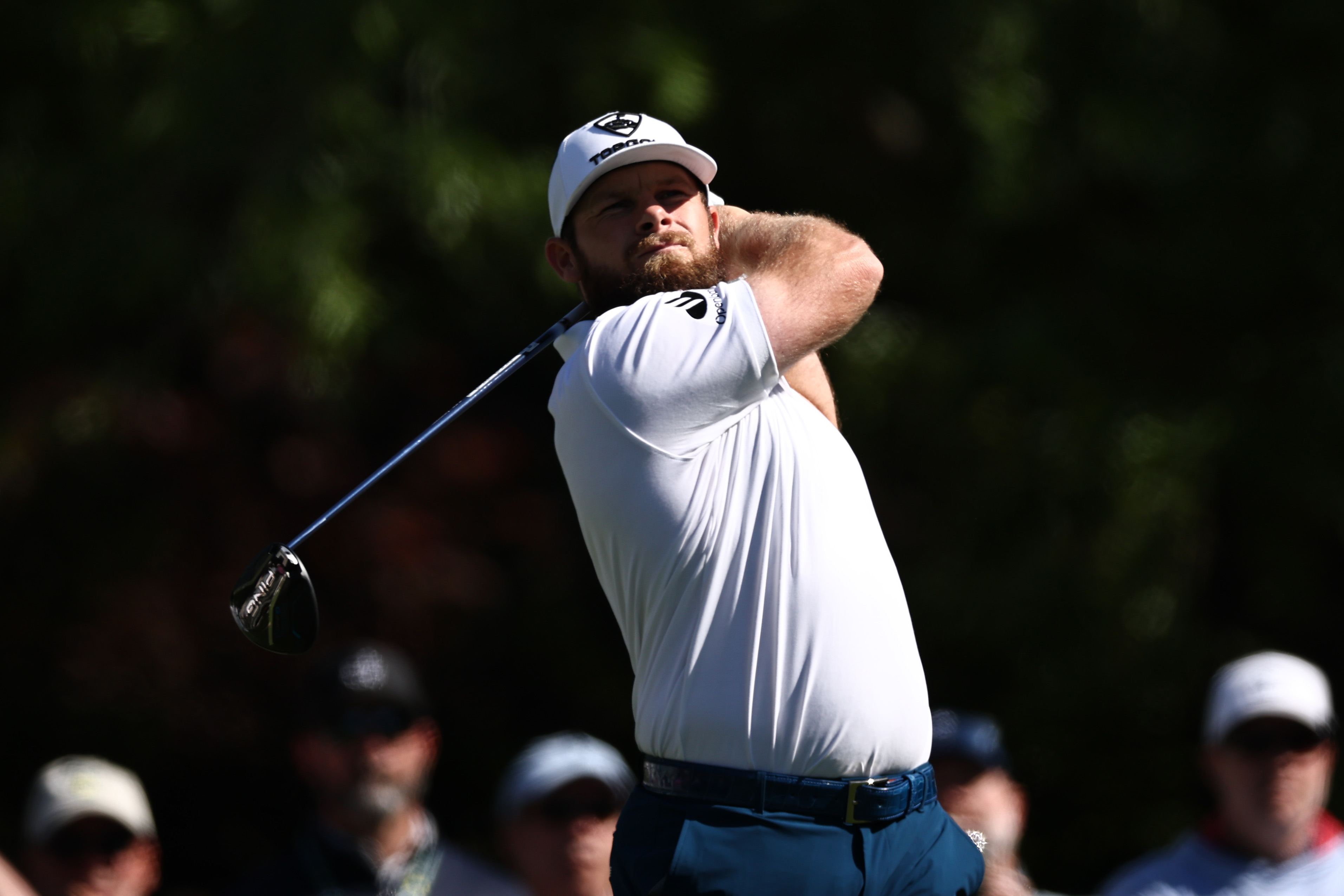 Tyrrell Hatton plays his shot from the fifth tee during the second round of the 2026 Masters Tournament at Augusta National Golf Club