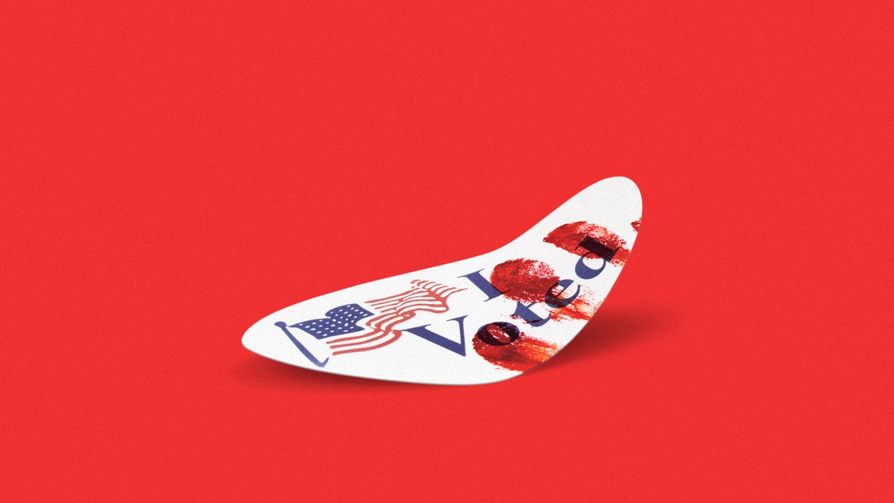 Illustration of an &#039;I Voted&#039; sticker smeared with bloody fingerprints