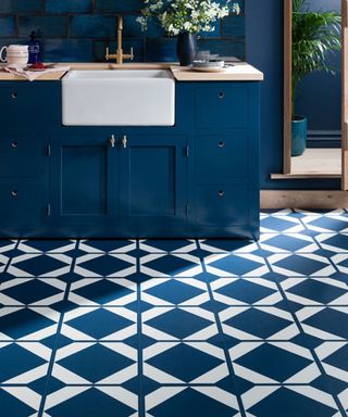 Oxford blue new vinyl kitchen flooring in a blue kitchen by harvey maria