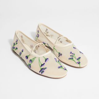 Floral-Embroidered Ballet Flats