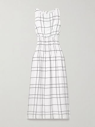 La Canella Shirred Checked Linen Midi Dress