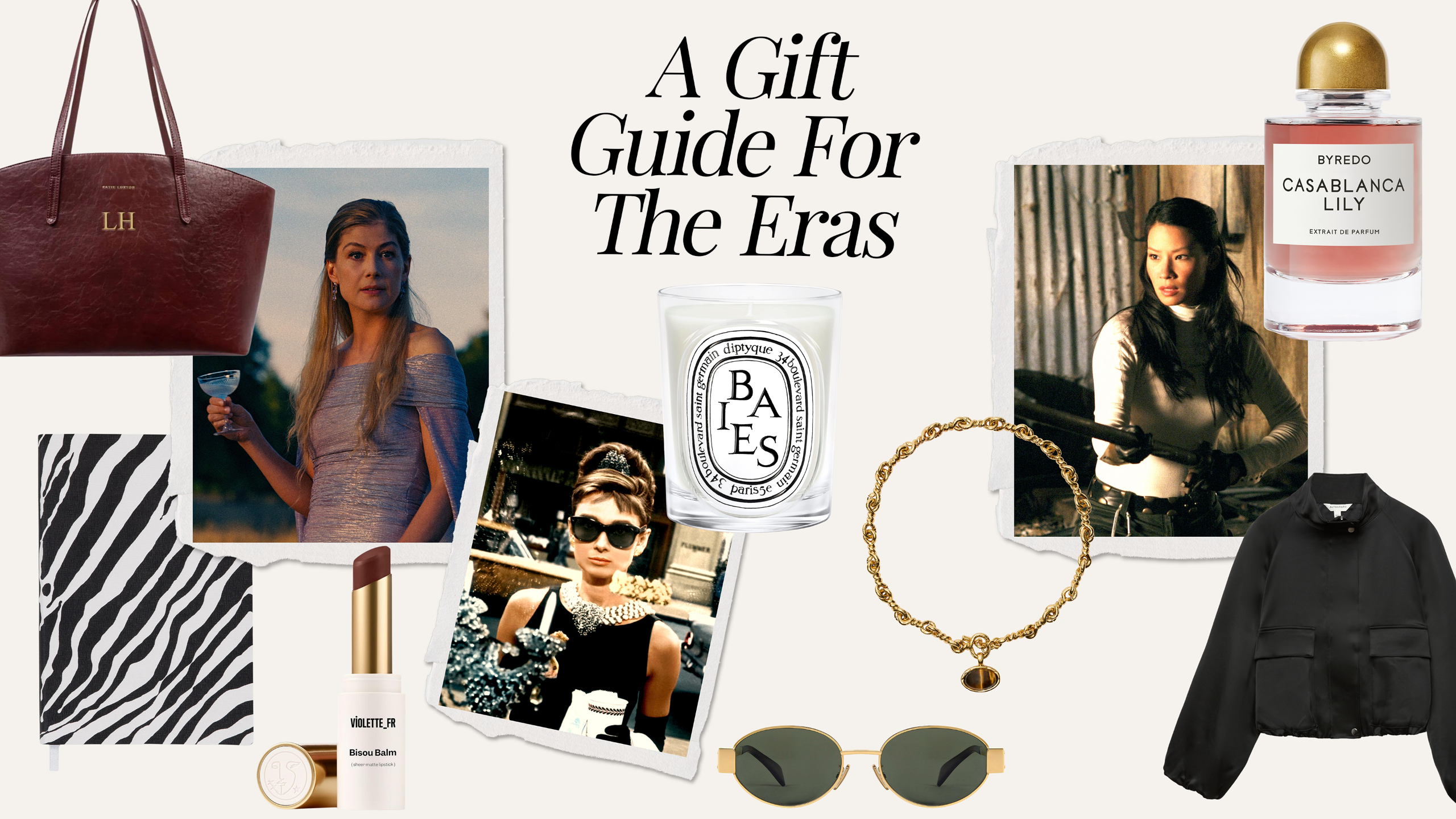 Images of Rosamund Pike in Saltburn, Audrey Hepburn in Breakfast at Tiffany's, and Lucy Liu in Charlie's Angels, with a selection of gift guide products scattered around them