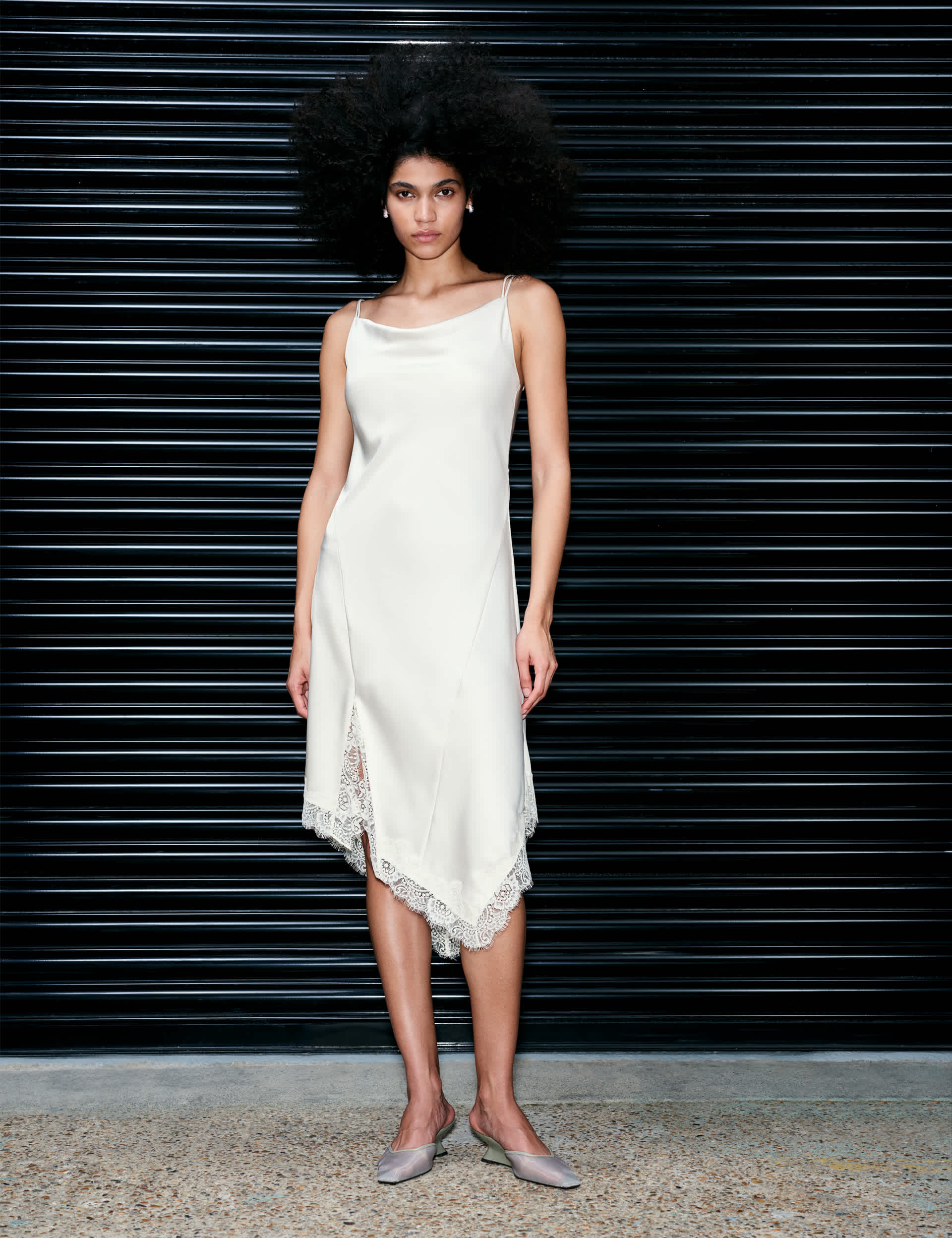 Satin Cowl Neck Lace Insert Midi Slip Dress