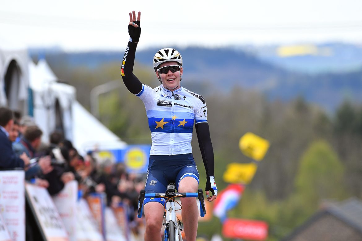 Anna van der Breggen celebrates a third career Fl&egrave;che Wallonne victory.