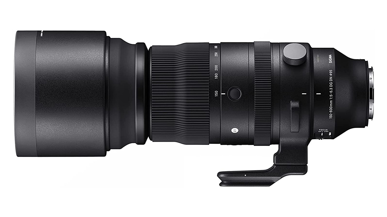 Sigma 150-600mm f/5-6.3 DG DN OS Sports lens side view in front of a white background