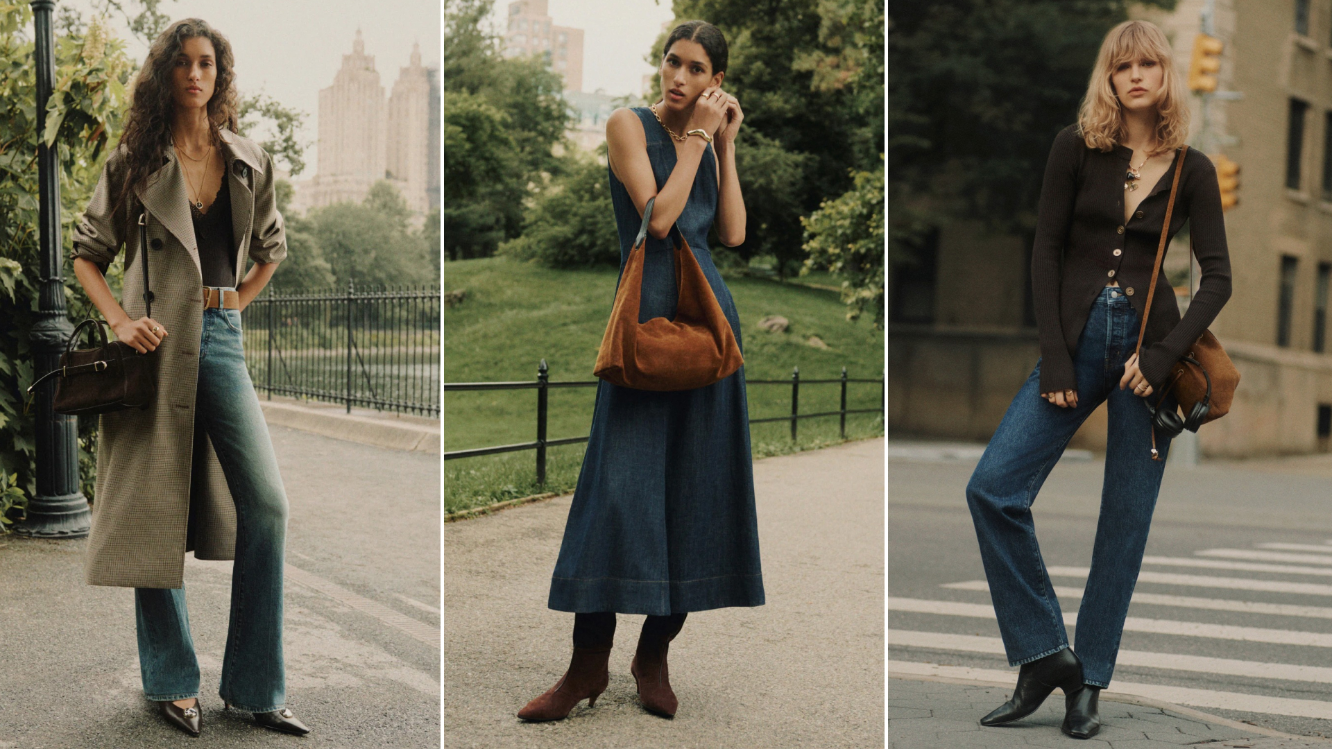 Split image of madewell models wearing madewell fall 2025 collection in new york 