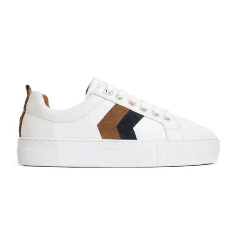 white trainers with navy and brown stripe