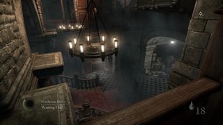 The view from a ledge down into a room in Thief (2014).