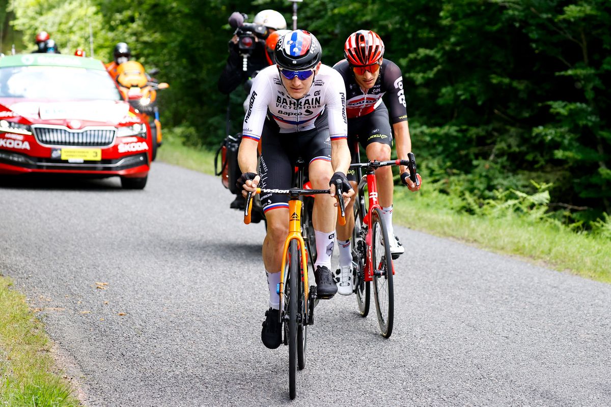 Tour de France 2021 108th Edition 7th stage Vierzon Le Creusot 2491 km 02072021 Matej Mohoric SLO Bahrain Victorious Brent Van Moer BEL Lotto Soudal photo Luca BettiniBettiniPhoto2021