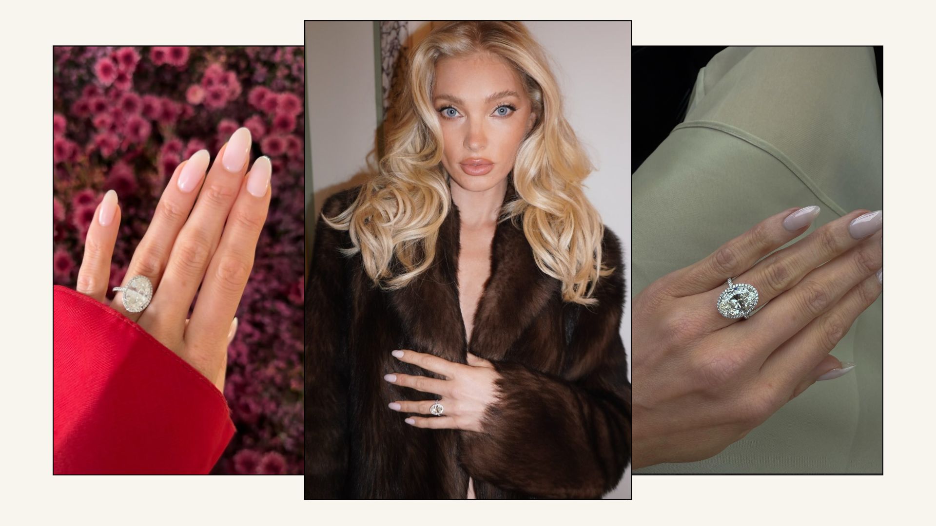 A collage with pictures of Elsa Hosk and her milky pink engagement nails