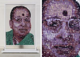 Left: a mosaic-style portrait. Right: detailed view of the portrait