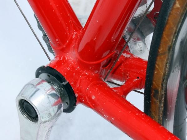 A Shimano Dura-Ace cup-and-cone bottom bracket resides in the lugged shell. Note the separately brazed chain stay bridge, too.