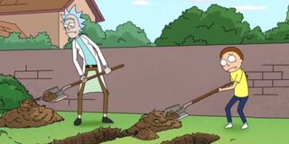 Rick and Morty burying their bodies in "Rick Potion #9"