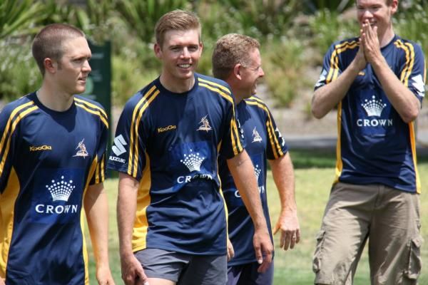 Travis Meyer, Brett Lancaster, Shayne Bannan and Jens Mouris enjoy a lighter moment during the training session with the Melbourne Storm
