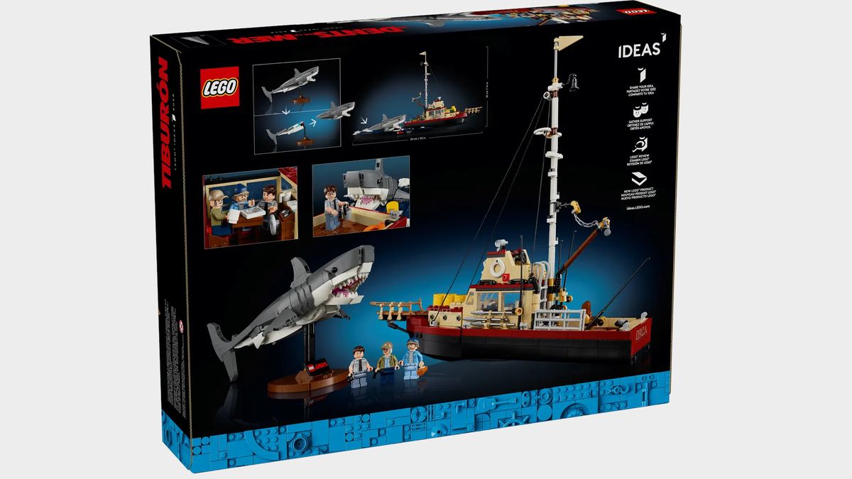 Lego Jaws and minifigures on a plain background