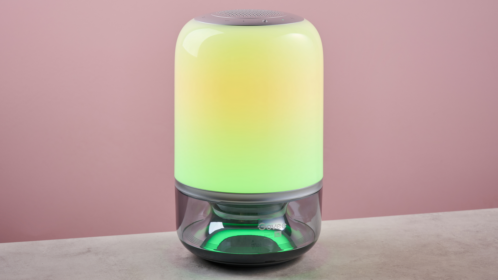 The Govee Table Lamp 2 Pro x Sound by JBL is displaying and gradient of green and yellow.