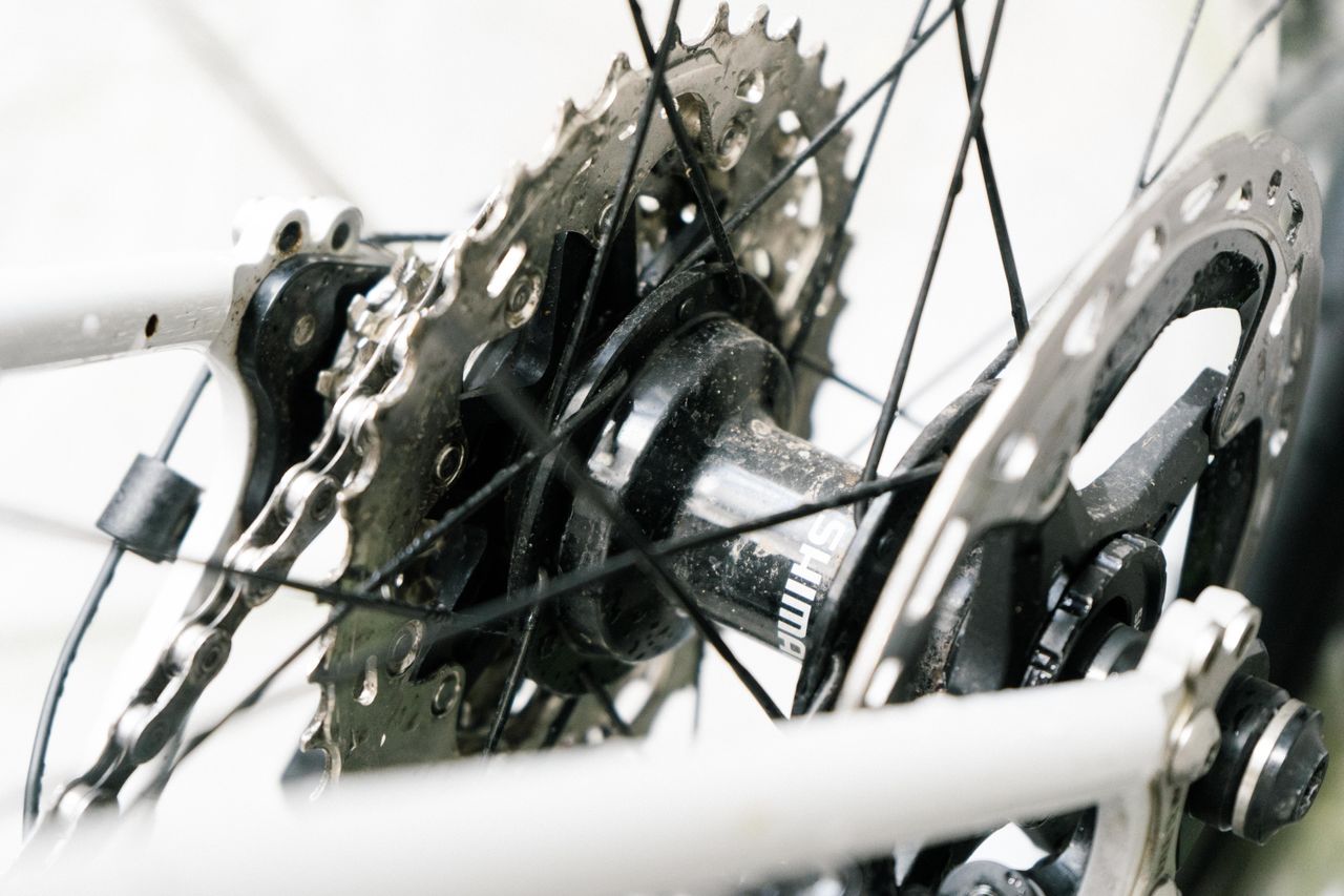 The rear hub of a gravel bike
