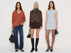 one model wears blue dress and tights and black heels anotehr wears plaid jacket brown skirt adn tall black boots and another wears oversized mauve sweater with jeans flats and a handbag