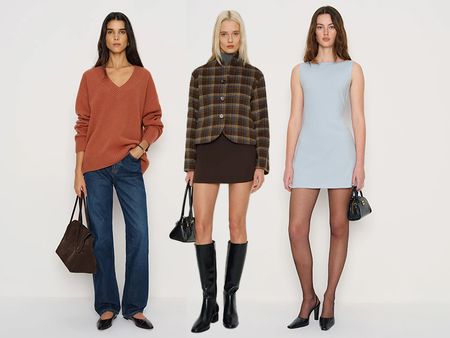 one model wears blue dress and tights and black heels anotehr wears plaid jacket brown skirt adn tall black boots and another wears oversized mauve sweater with jeans flats and a handbag