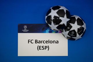 The card of FC Barcelona is seen prior to the UEFA Champions League 2023/24 Round of 16 Draw at the UEFA Headquarters, the House of European Football, on December 18, 2023 in Nyon, Switzerland.